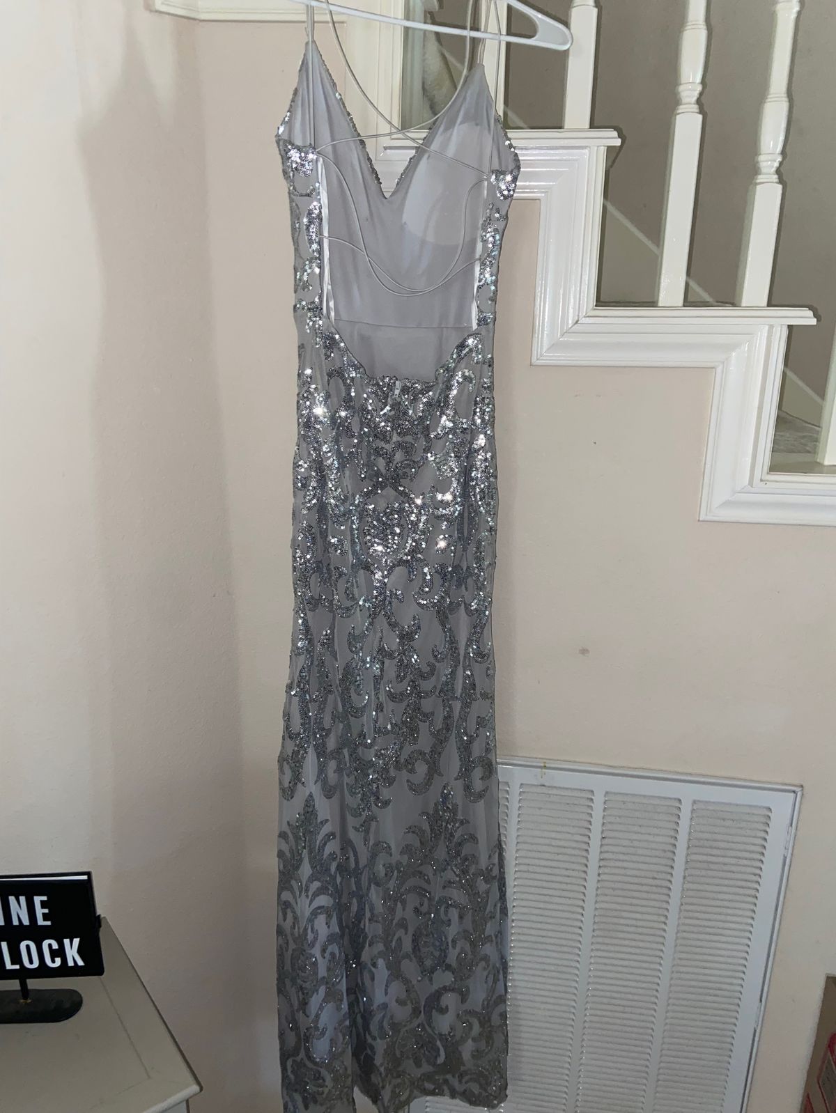Size S Prom Plunge Silver A-line Dress on Queenly