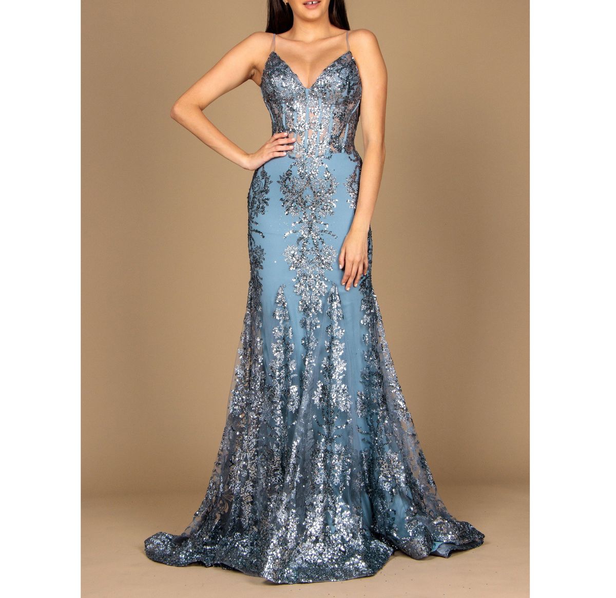 Style Dusty Blue Sequined & Glitter Corset Mermaid Prom Formal Dress  Dylan & David Size 10 Prom Sheer Blue Mermaid Dress on Queenly