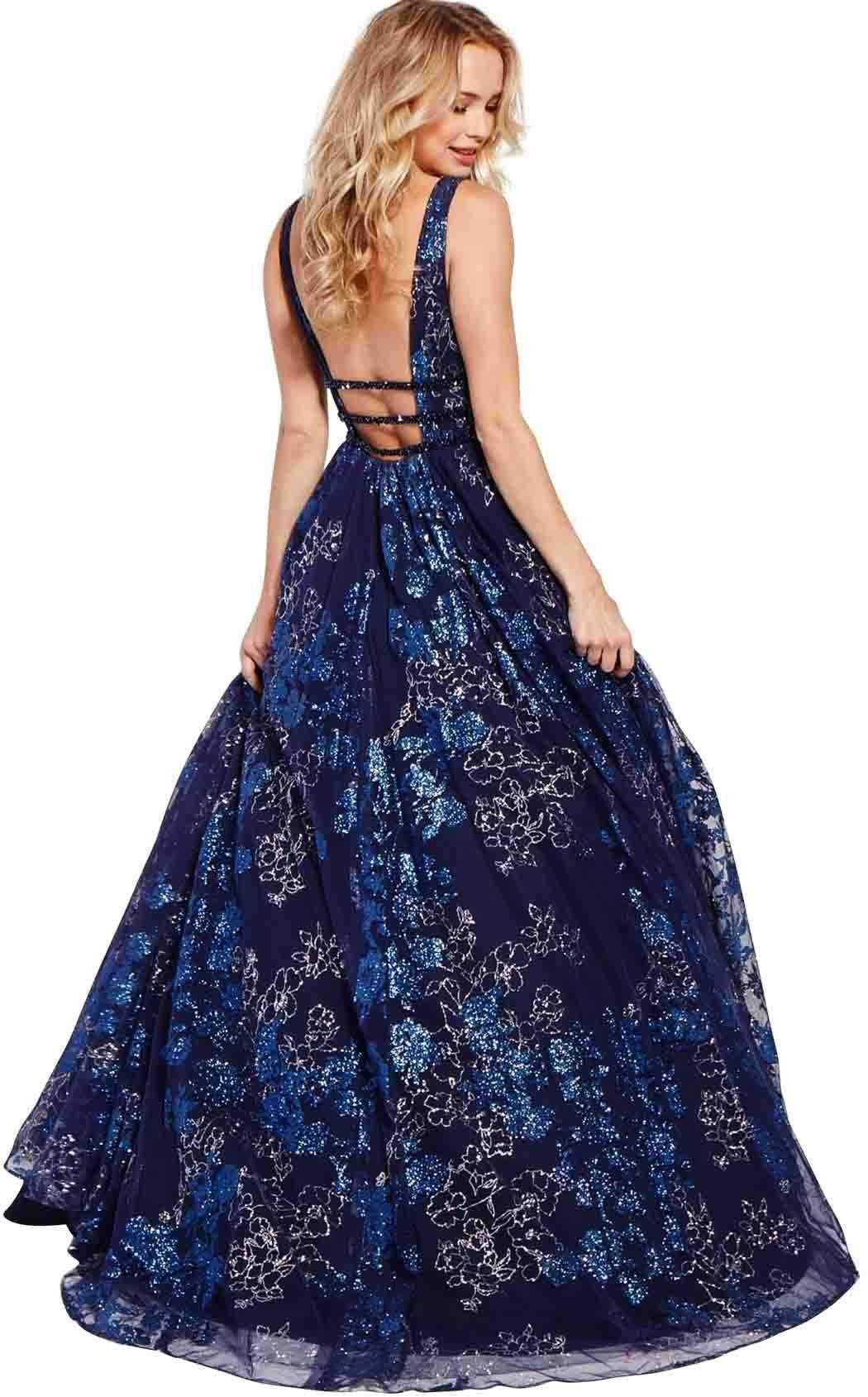 Style 52143 Jovani Size 0 Plunge Lace Navy Blue Ball Gown on Queenly