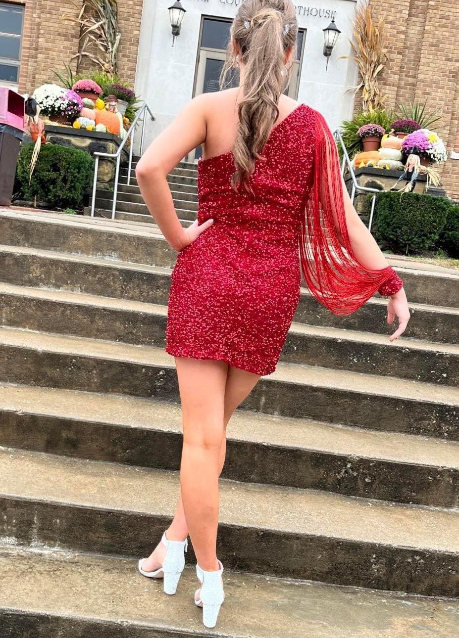 Style Fully Beaded Rachel Allan Size 6 Homecoming One Shoulder Red Cocktail Dress on Queenly