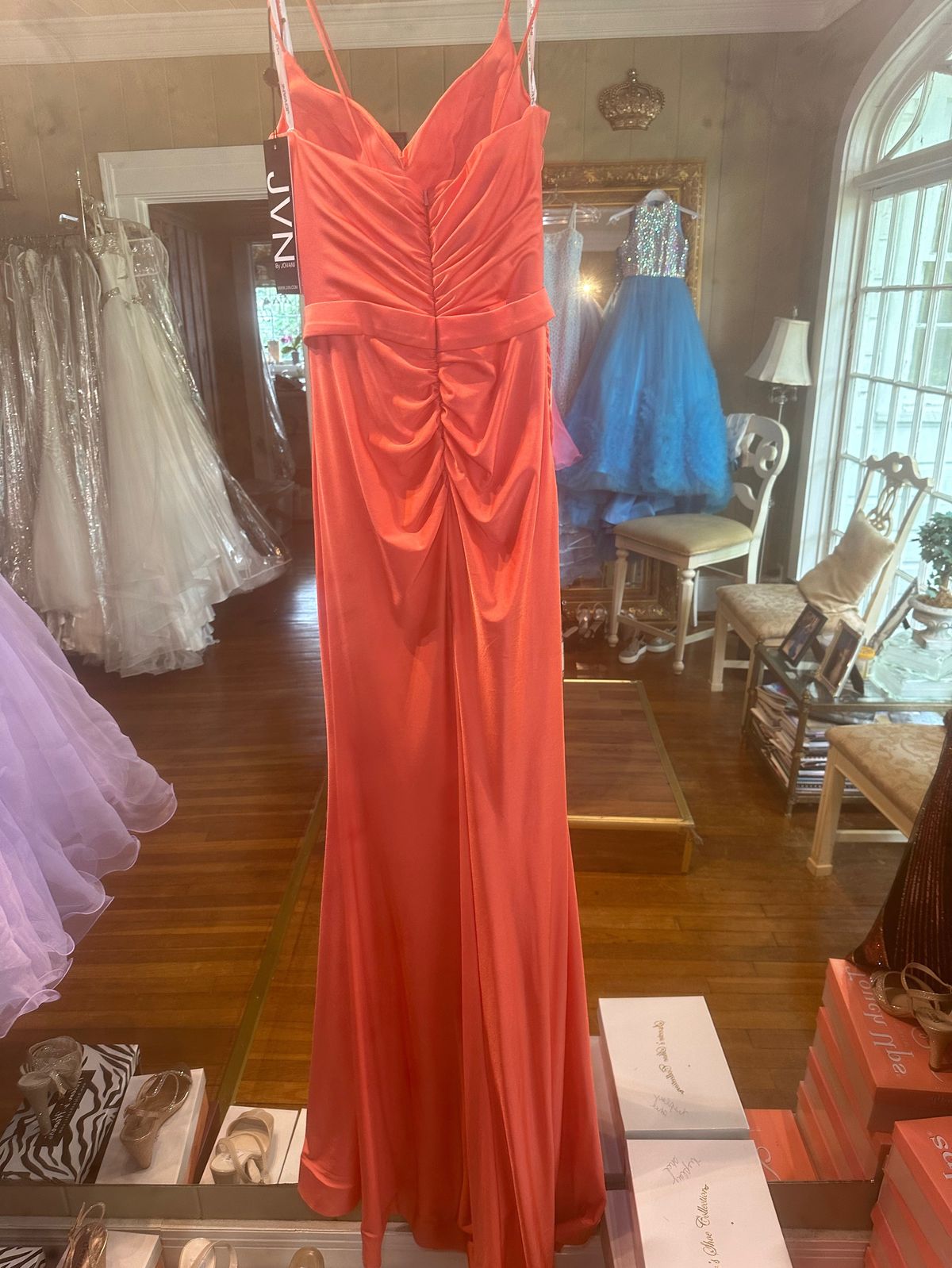JVN by Jovani Size 0 Plunge Orange Side Slit Dress on Queenly