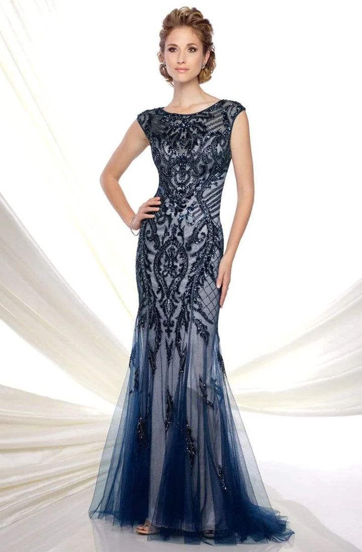 Style 116D31 Ivonne D by Mon Cheri Size 8 Cap Sleeve Blue Mermaid Dress on Queenly