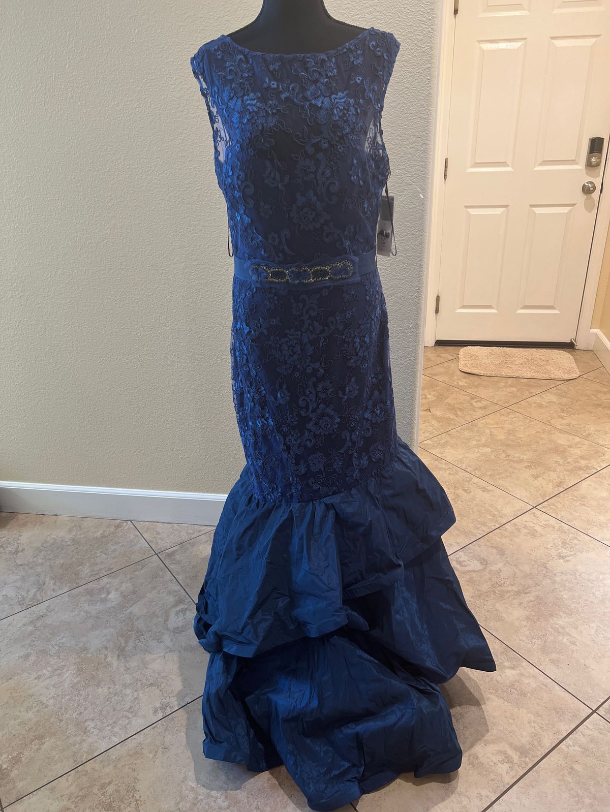 Teri jon Size 14 Prom High Neck Blue Mermaid Dress on Queenly