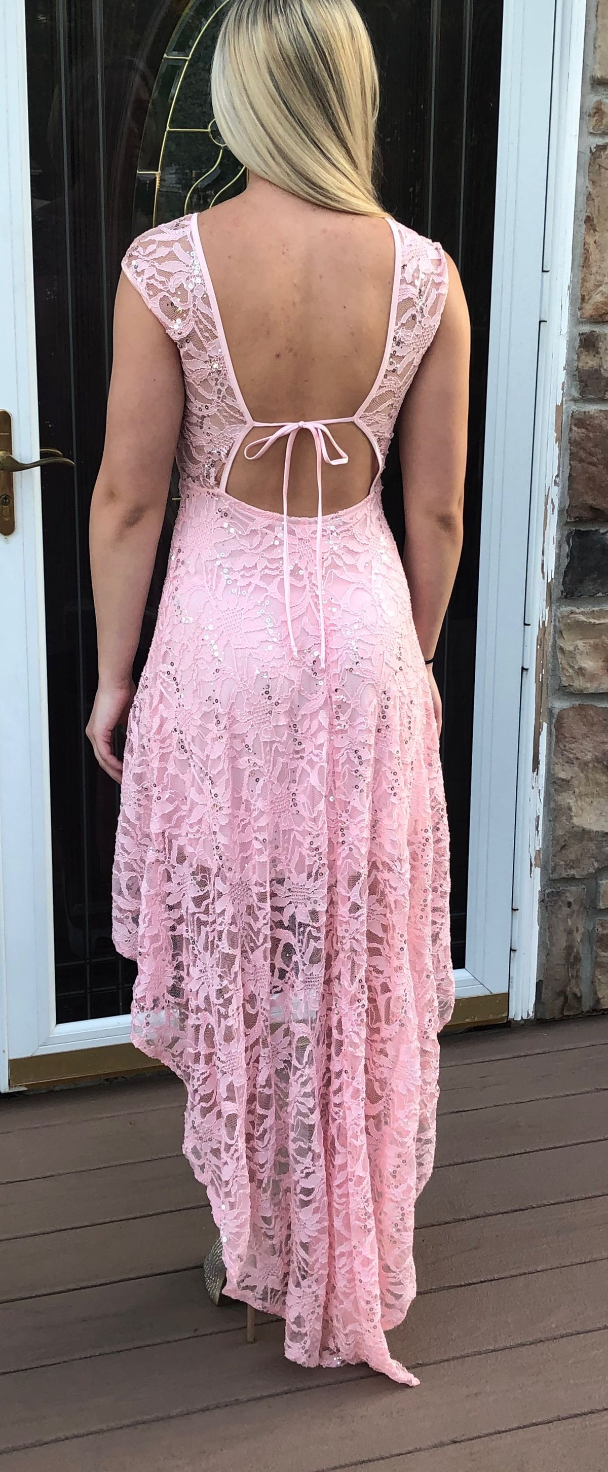 Size 2 Homecoming High Neck Lace Pink Floor Length Maxi on Queenly