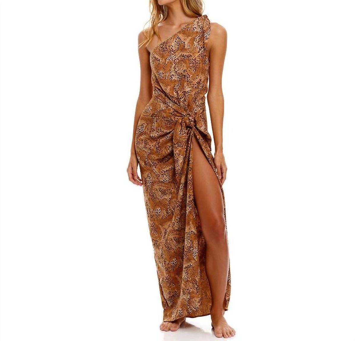 Style 1-119483730-2696 AGUA BENDITA Size L One Shoulder Brown Side Slit Dress on Queenly