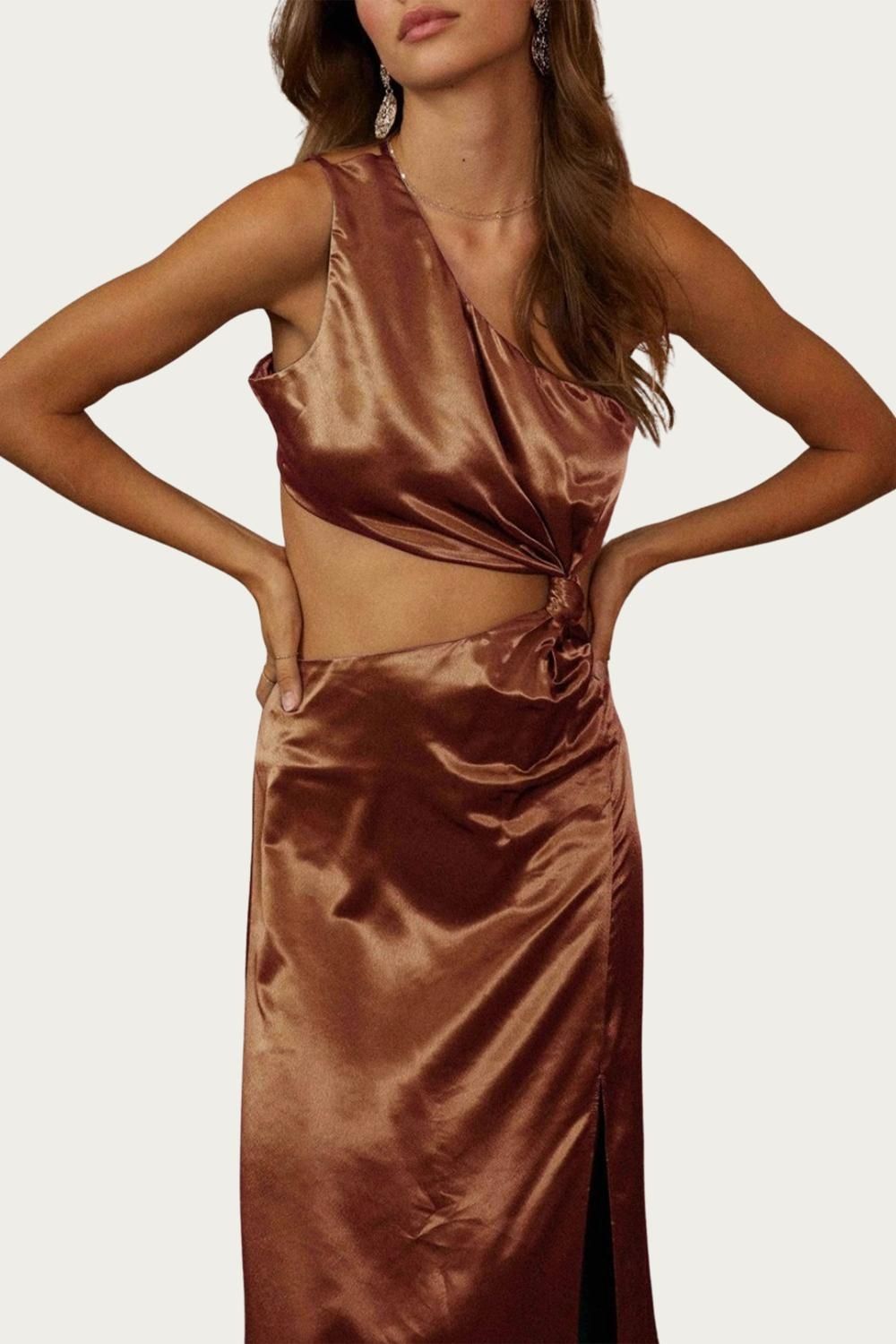 Style 1-1893411447-2901 ENDLESS BLU. Size M One Shoulder Brown Cocktail Dress on Queenly