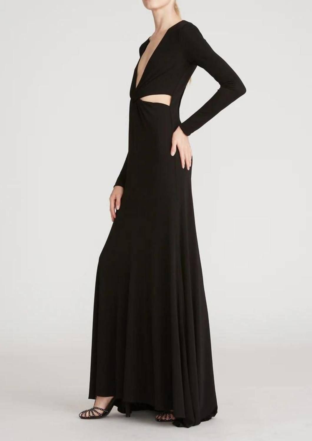 Style 1-3228186113-1901 HALSTON HERITAGE Size 6 Plunge Black Floor Length Maxi on Queenly