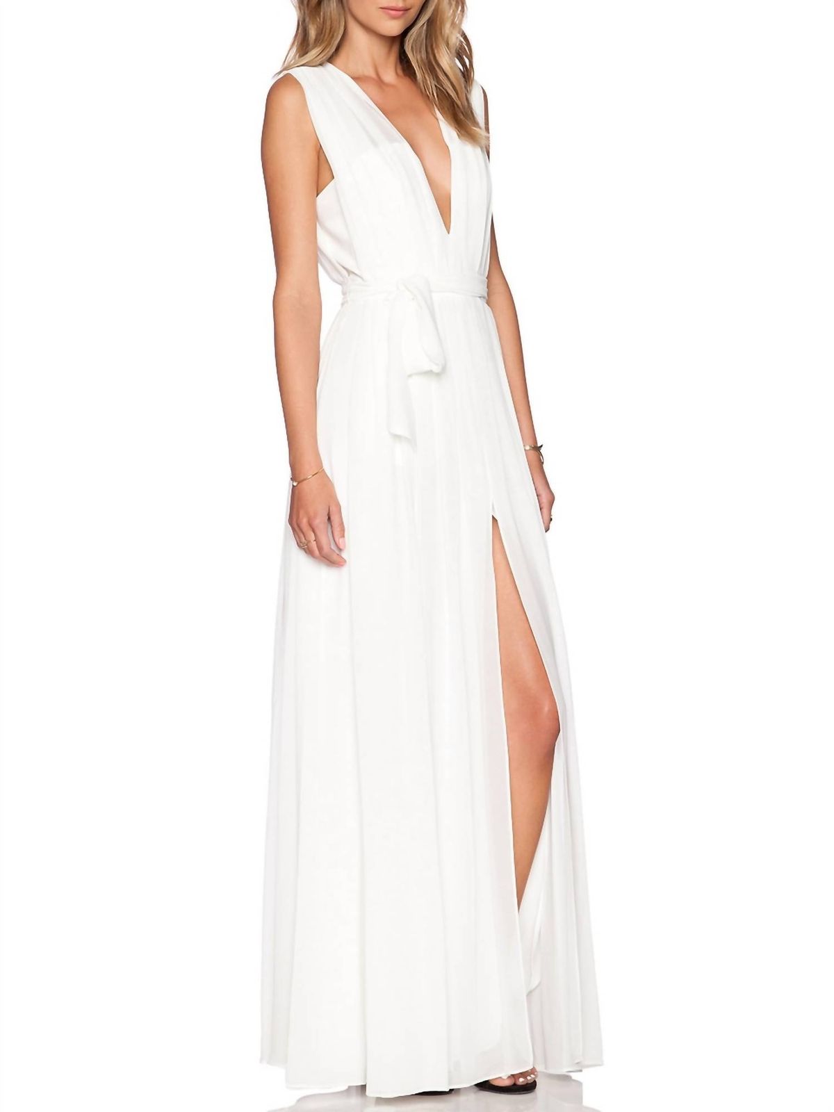 Style 1-1011872484-1498 L'Agence Size 4 Wedding Plunge Sheer White Side Slit Dress on Queenly