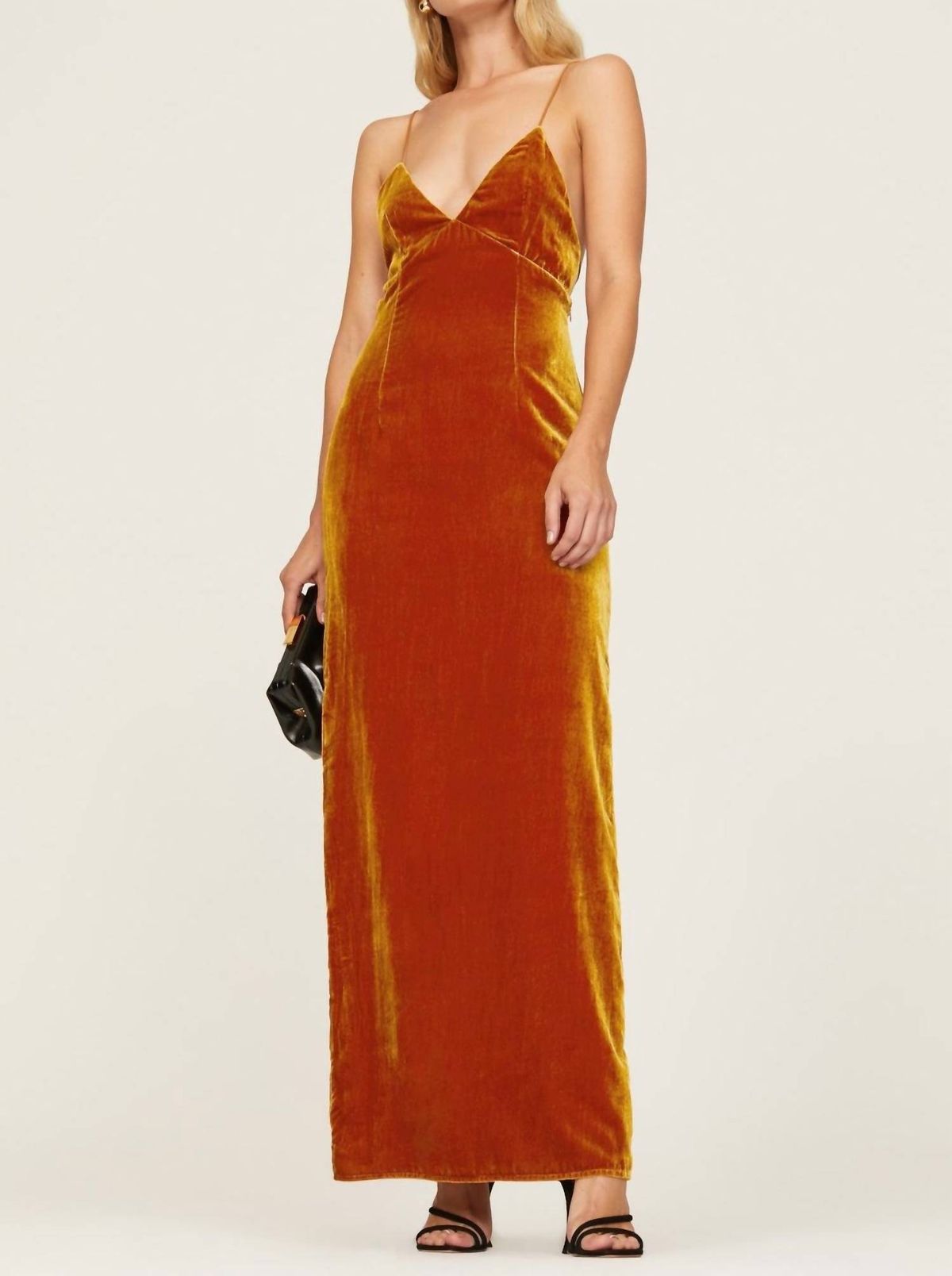 Style 1-1024279214-2901 RONNY KOBO Size M Wedding Guest Plunge Velvet Orange Floor Length Maxi on Queenly