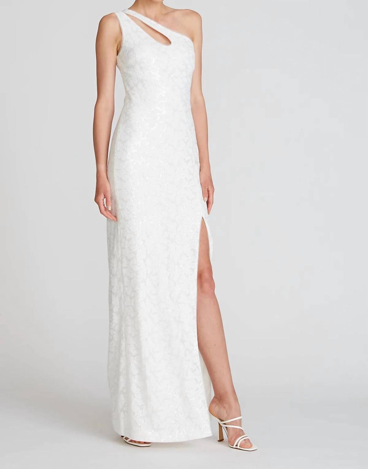 Style 1-807952321-1498 THEIA Size 4 Prom One Shoulder White Side Slit Dress on Queenly