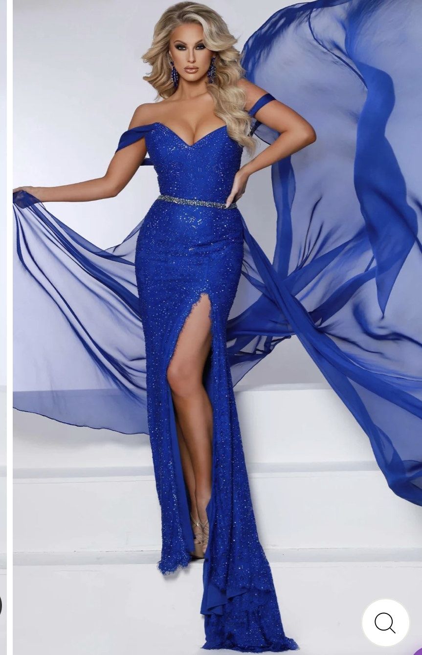 Style 2175 Johnathan Kayne Size 4 Prom Plunge Blue Dress With Train on Queenly
