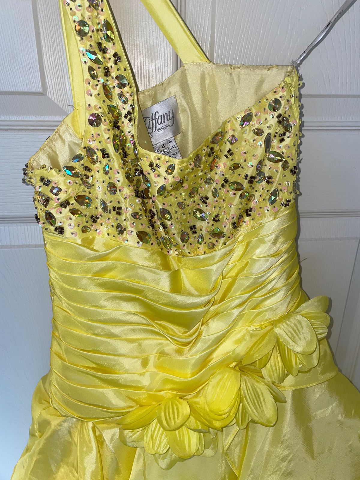 Tiffany Designs Girls Size 8 Pageant One Shoulder Yellow Ball Gown on Queenly