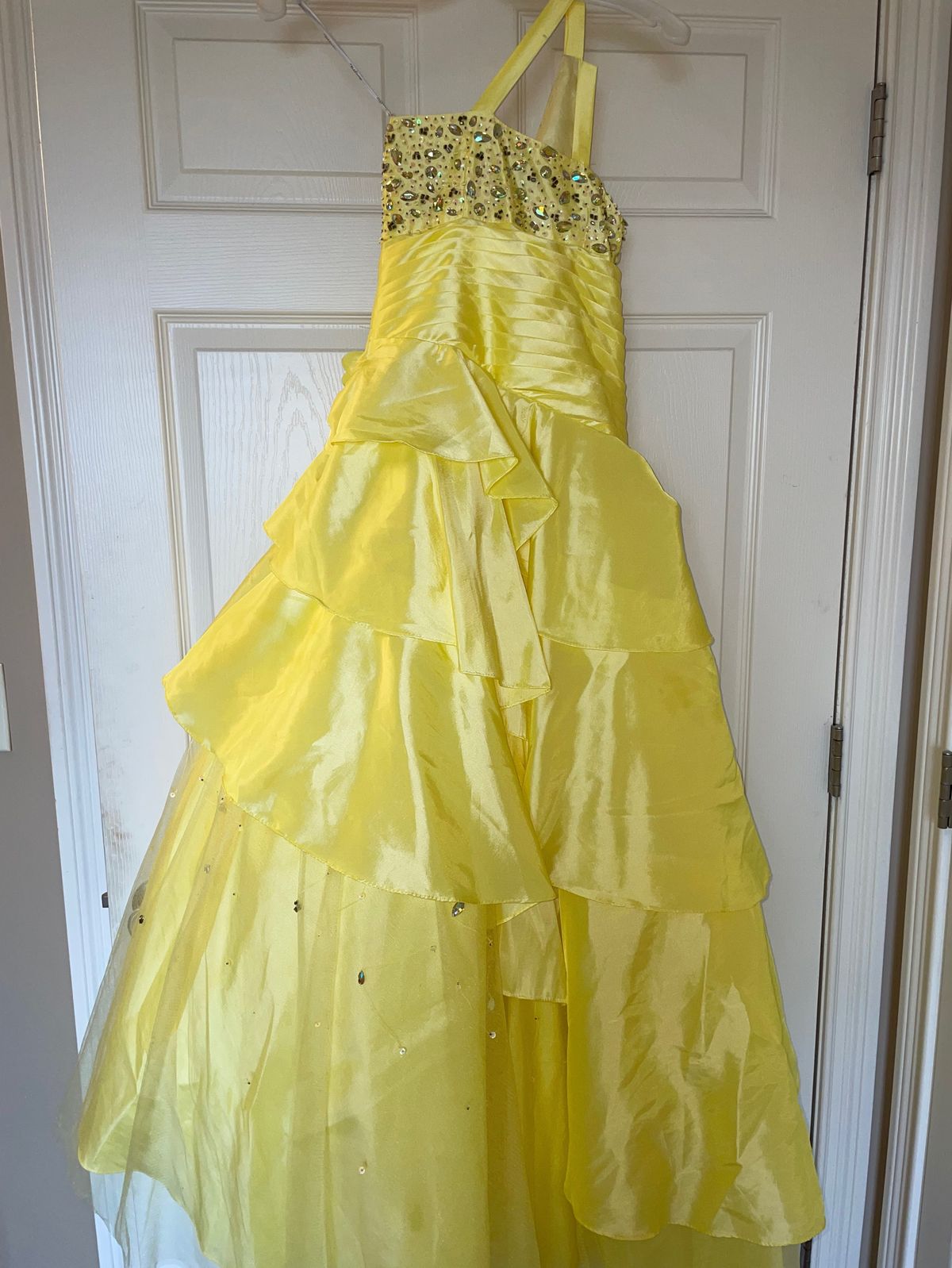 Tiffany Designs Girls Size 8 Pageant One Shoulder Yellow Ball Gown on Queenly
