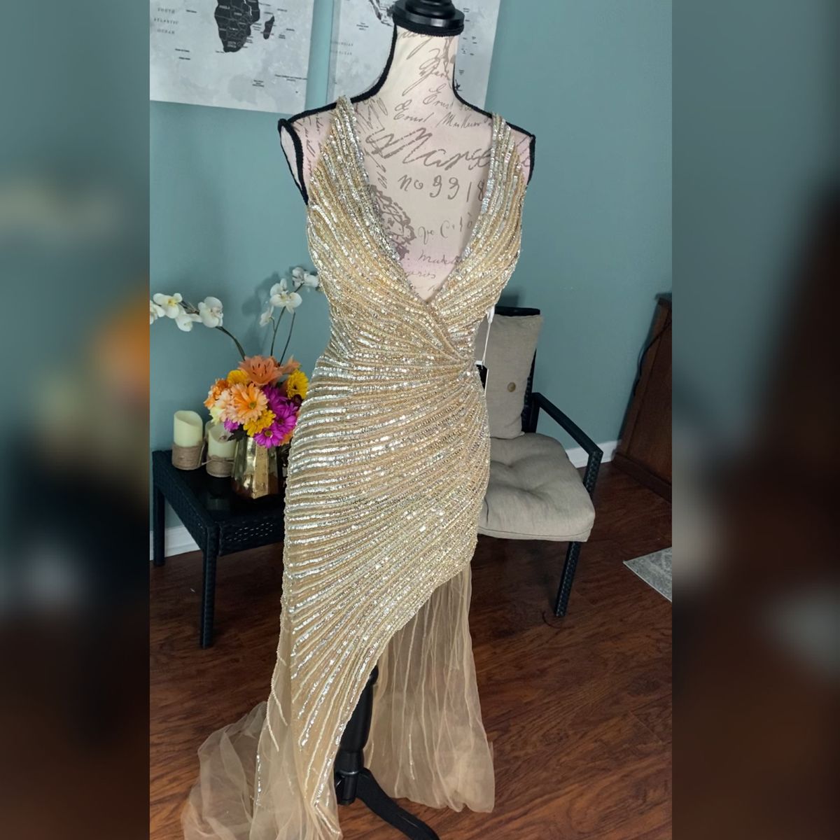Style 63405 Jovani Size 14 Prom Plunge Sheer Gold Mermaid Dress on Queenly