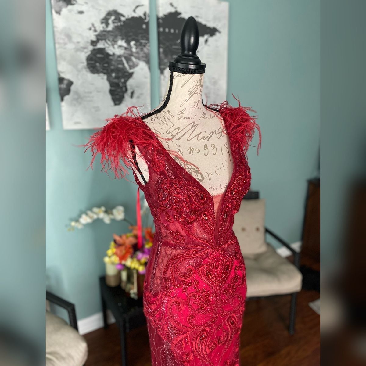 Style 1986 Portia and Scarlett Size 4 Wedding Plunge Sheer Red Mermaid Dress on Queenly