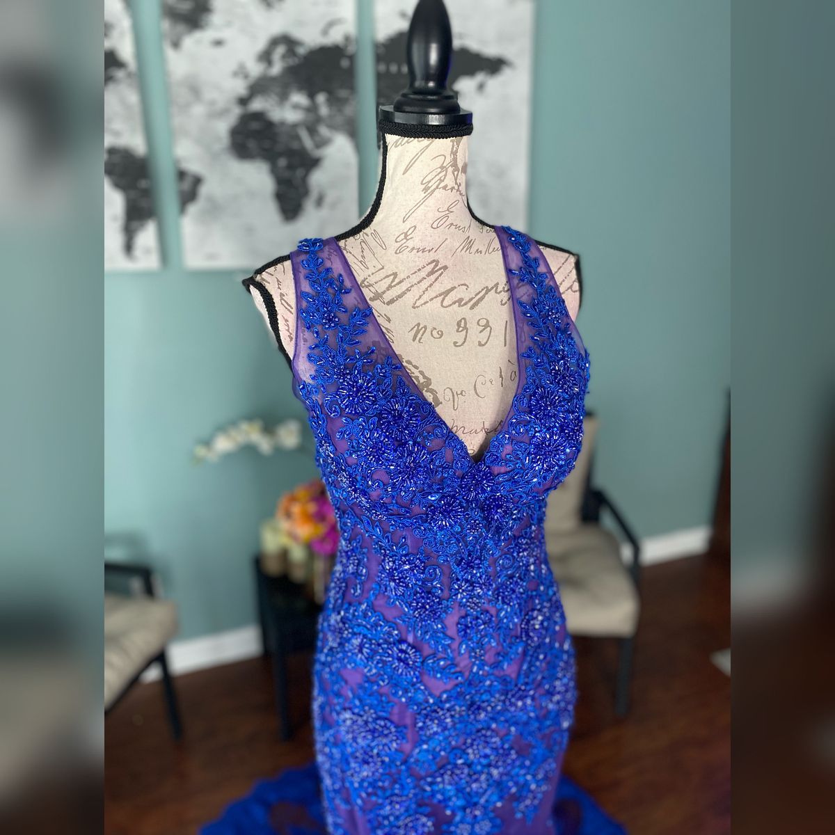 Sherri Hill Size 8 Prom Plunge Sheer Royal Blue Mermaid Dress on Queenly
