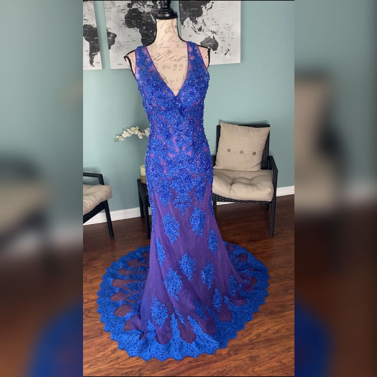 Sherri Hill Size 8 Prom Plunge Sheer Royal Blue Mermaid Dress on Queenly