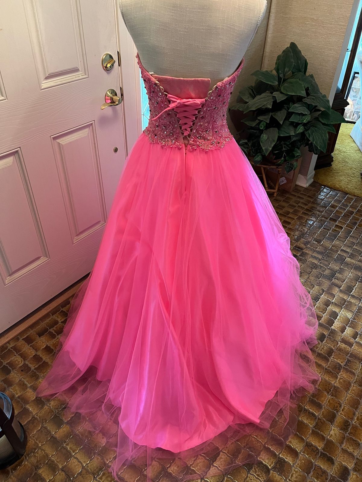 Girls Size 14 Strapless Pink Ball Gown on Queenly
