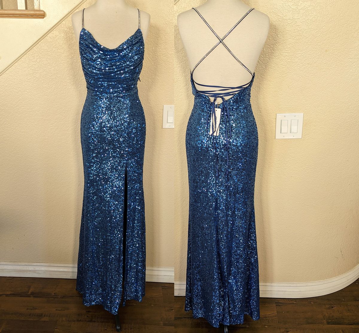 Style Denim Blue Sequined Cowl Rhinestone Formal Dress Minuet Size 6 Homecoming Sequined Blue Side Slit Dress on Queenly