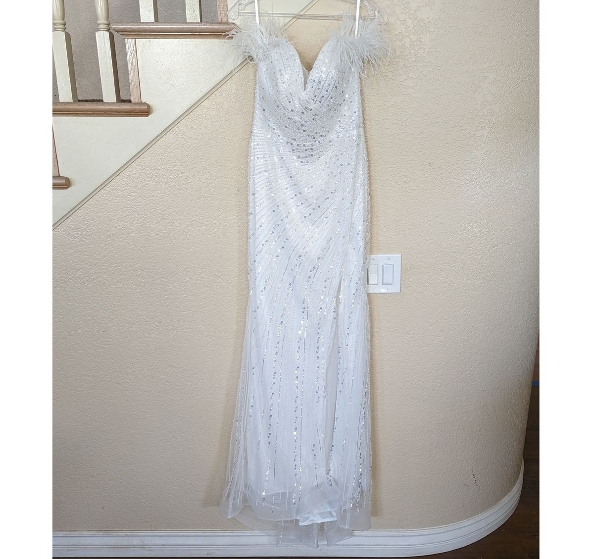 Style Off White Feather & Sequined Off the Shoulder Side Slit Mermaid Wedding Dress Size 10 Wedding Off The Shoulder White Side Slit Dress on Queenly