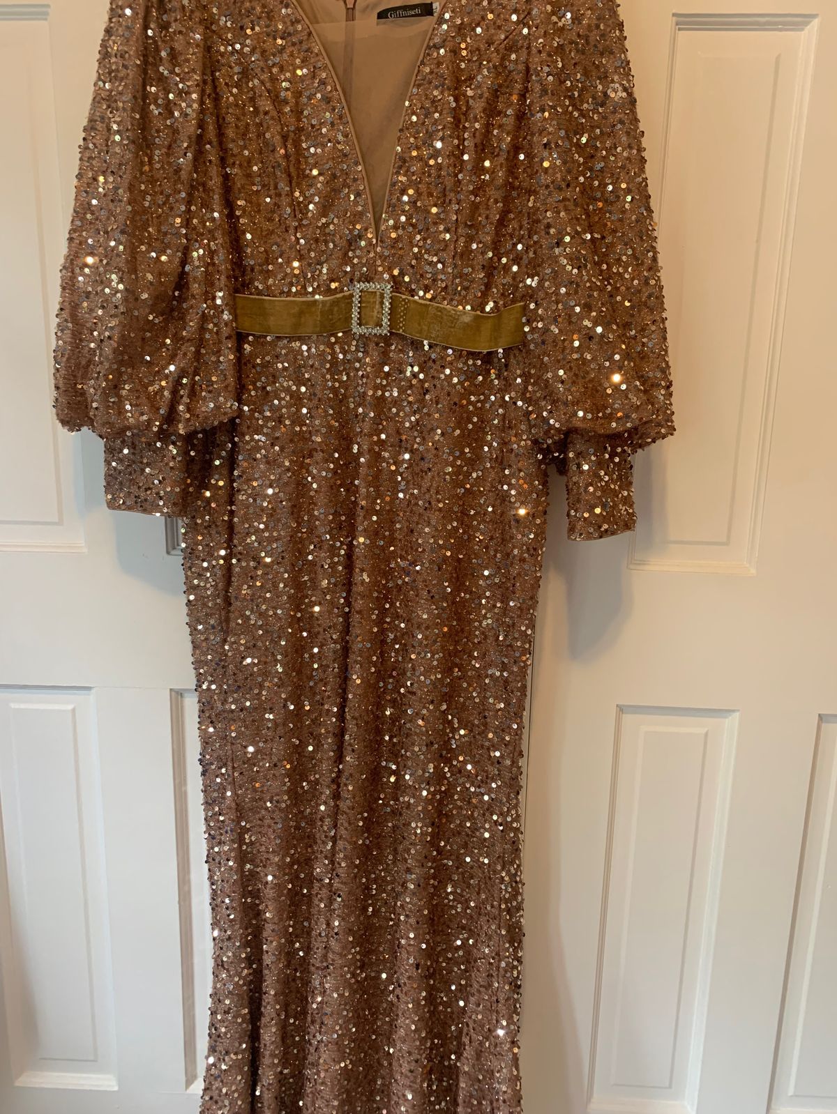 Size XL Prom Long Sleeve Sheer Gold Mermaid Dress on Queenly