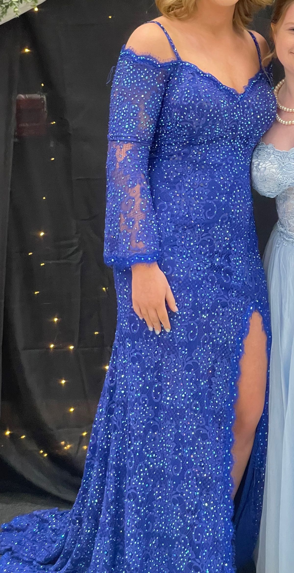 Johnathan Kayne Size 4 Prom Long Sleeve Lace Blue Side Slit Dress on Queenly