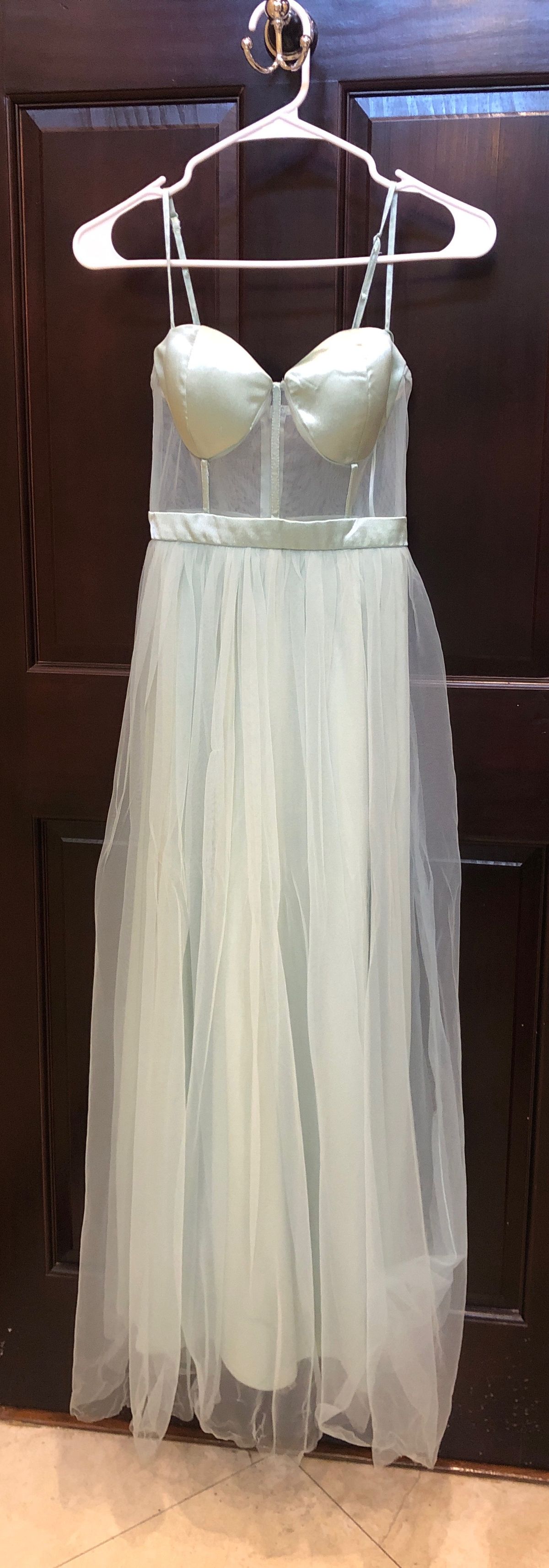 Size S Prom Strapless Sheer Light Green Dress With Train on Queenly