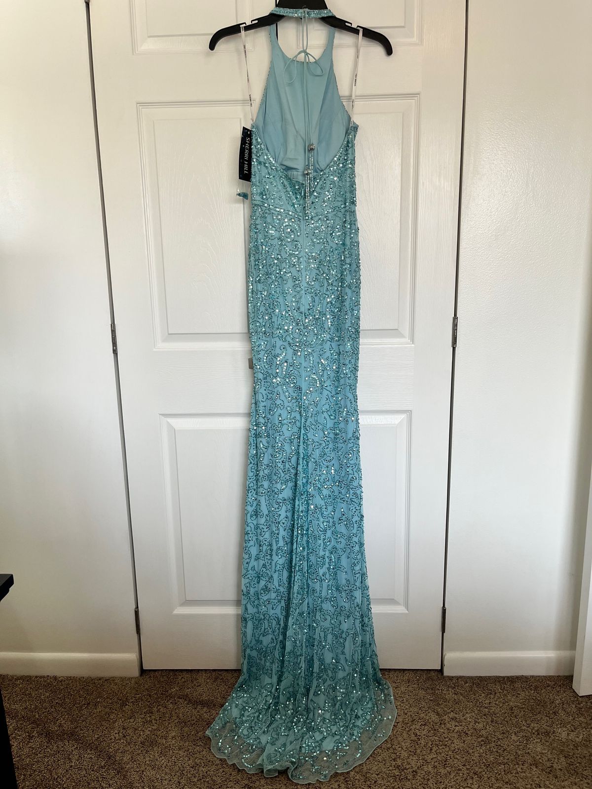 Style 53614 Sherri Hill Size 2 Prom High Neck Light Blue Mermaid Dress on Queenly