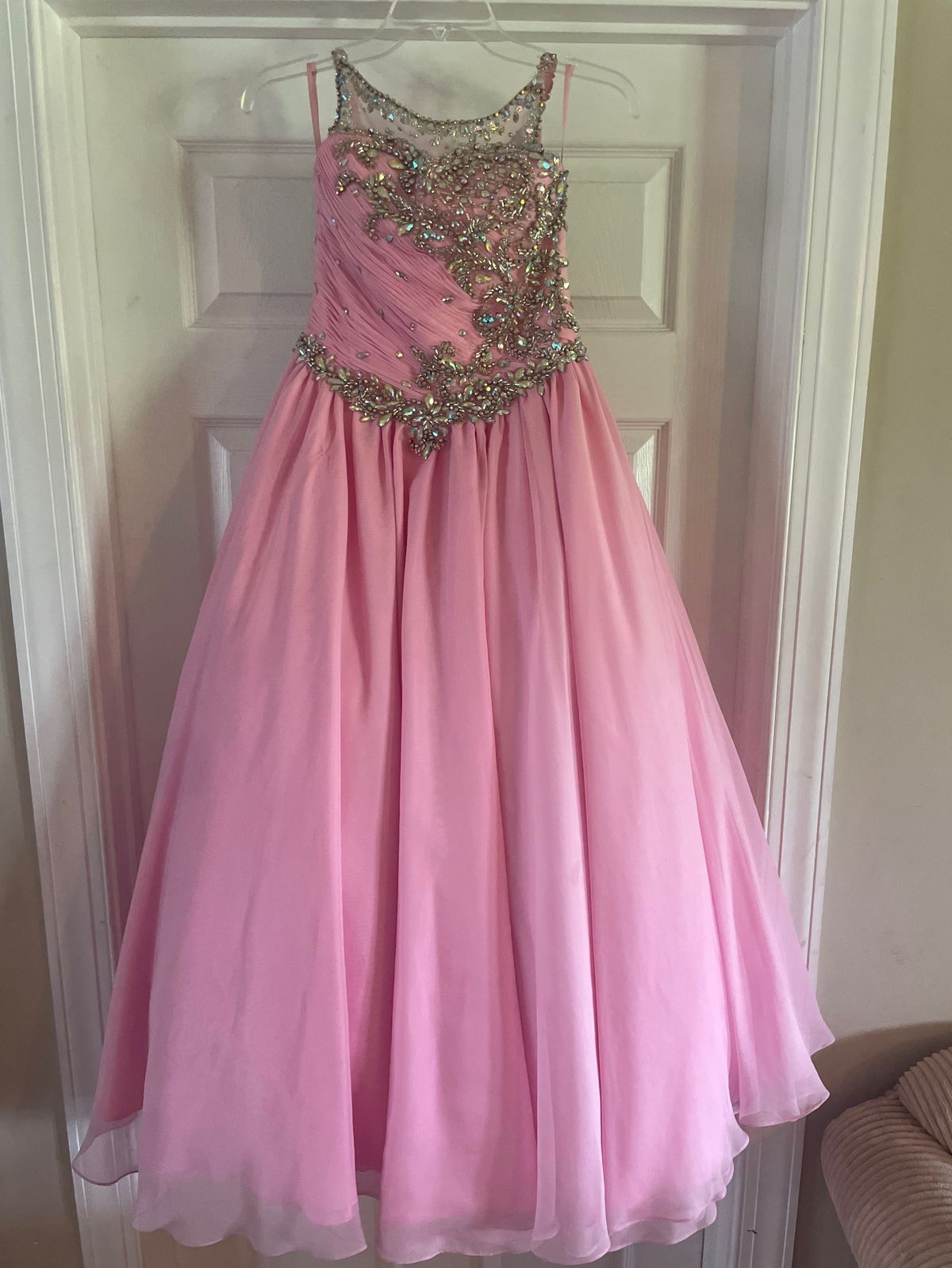 Girls Size 10 Pageant Sequined Light Pink Ball Gown on Queenly