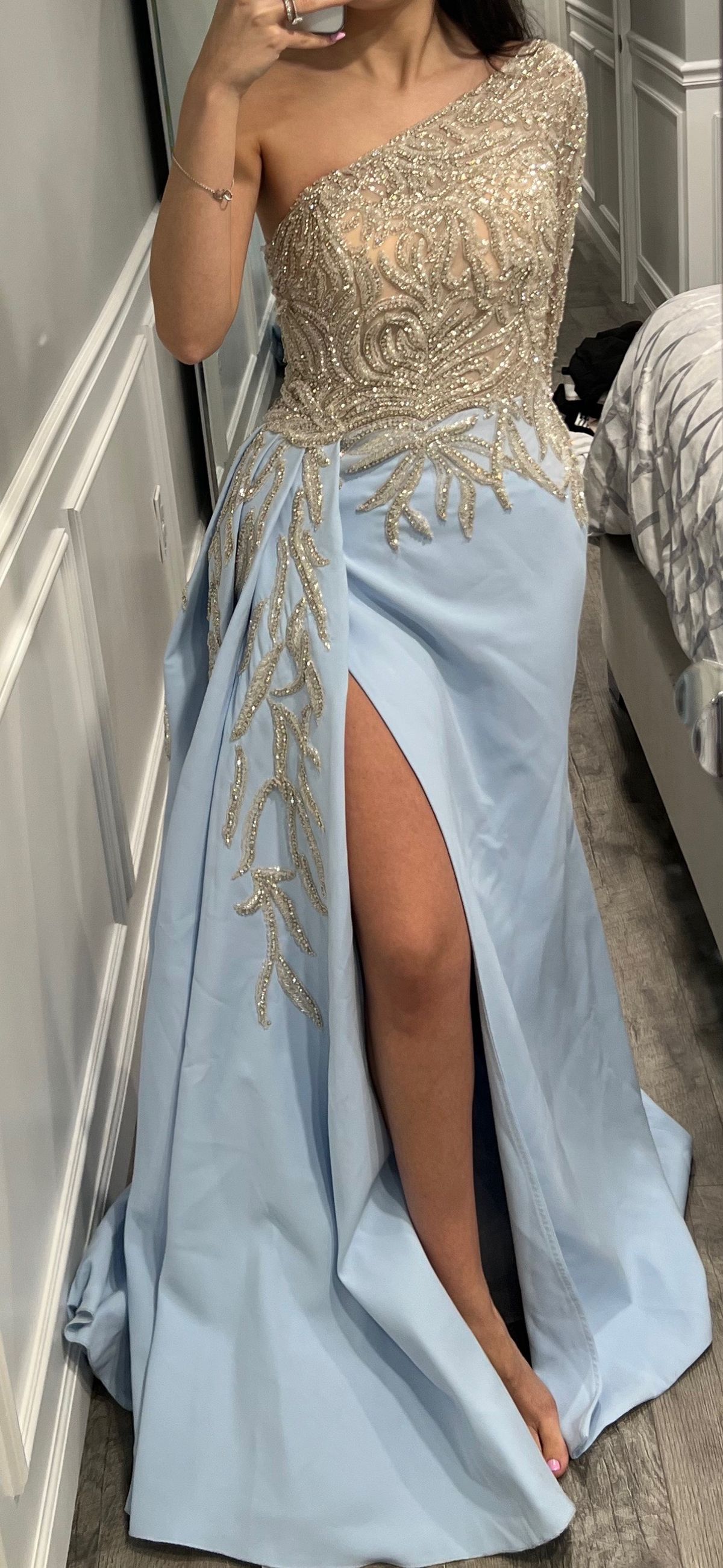Size 4 Prom Long Sleeve Sequined Light Blue Side Slit Dress on Queenly