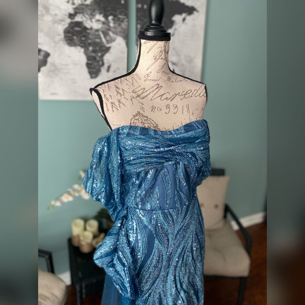 Plus Size 22 Prom Off The Shoulder Sheer Blue Mermaid Dress on Queenly