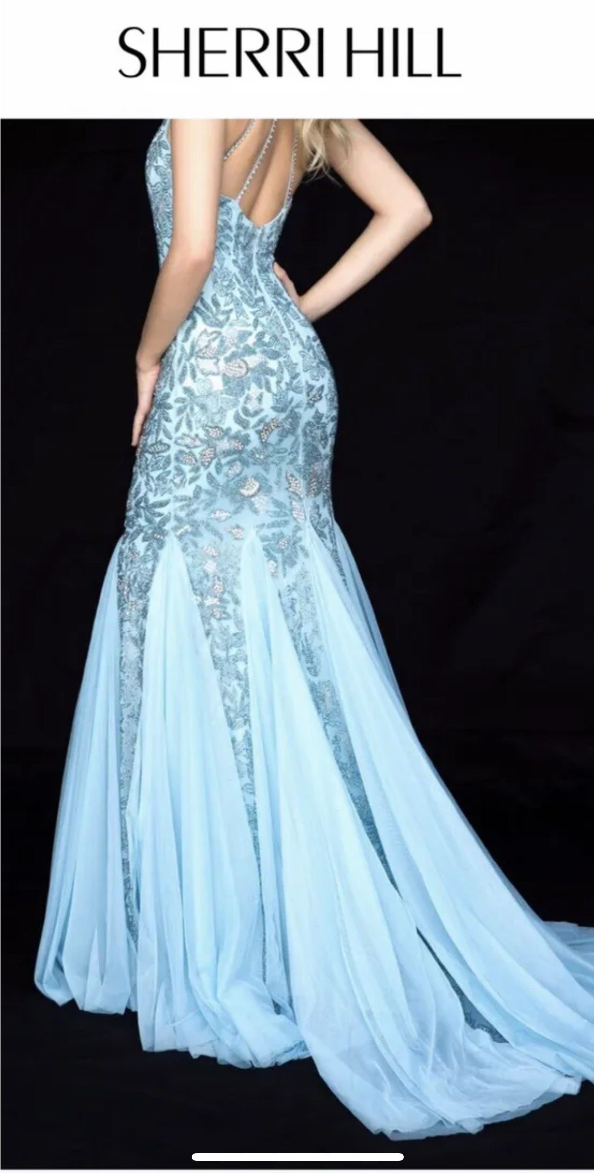 Sherri Hill Size 8 Prom High Neck Light Blue Mermaid Dress on Queenly