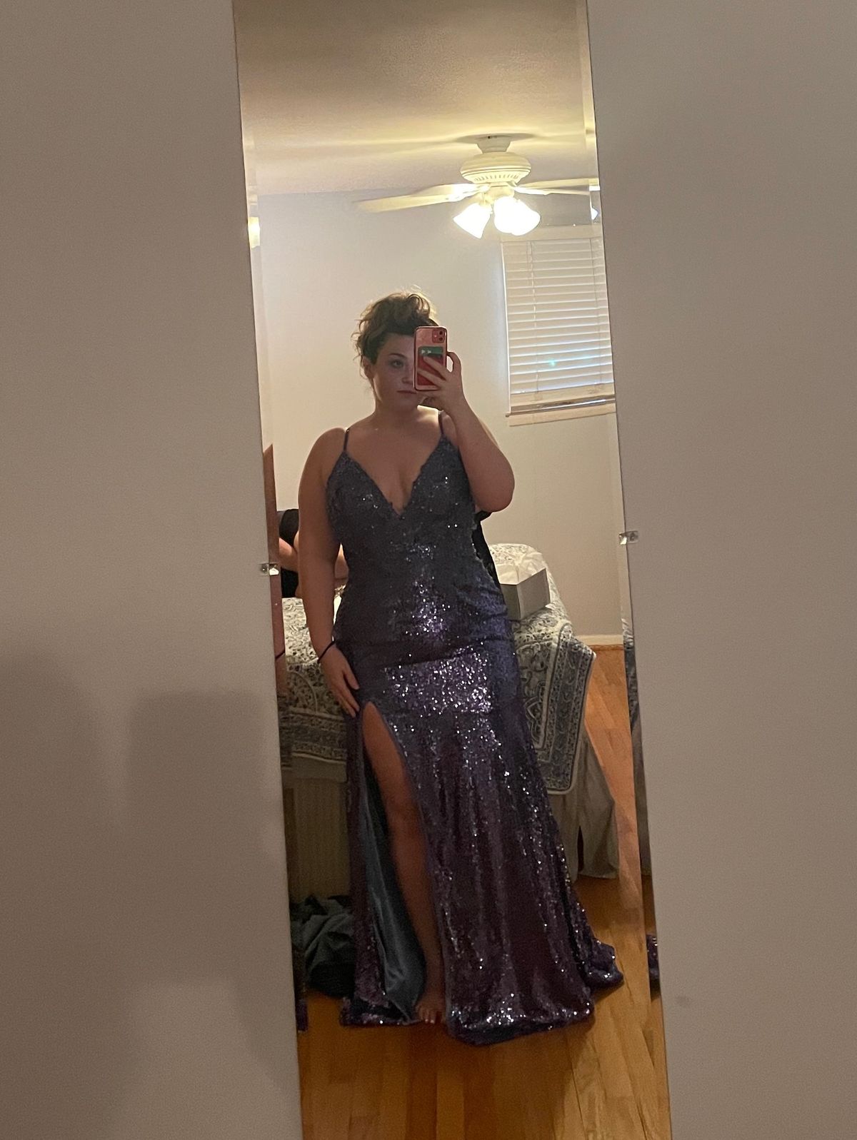 Style 54264 Sherri Hill Plus Size 16 Prom Plunge Purple Side Slit Dress on Queenly