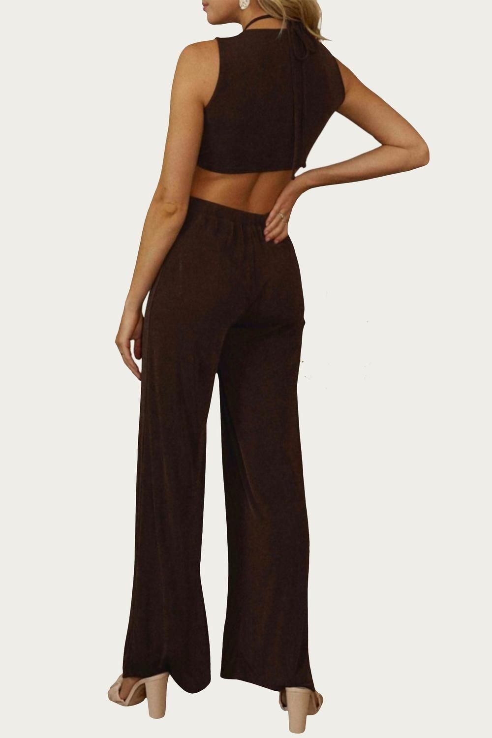 Style 1-2667661309-2901 ENDLESS BLU. Size M Plunge Brown Formal Jumpsuit on Queenly