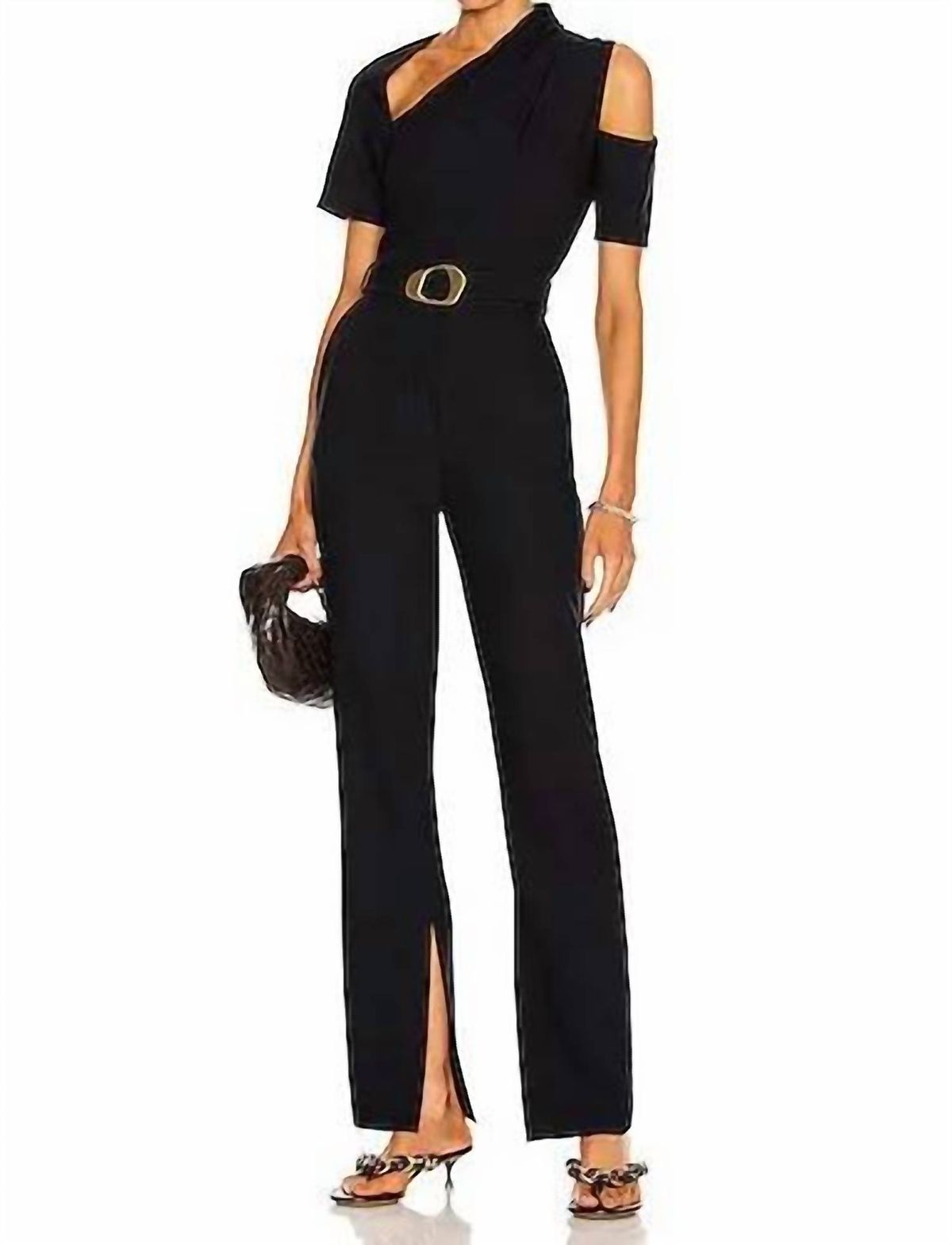 Style 1-2870908289-1498 JONATHAN SIMKHAI Size 4 Wedding Guest One Shoulder Black Formal Jumpsuit on Queenly