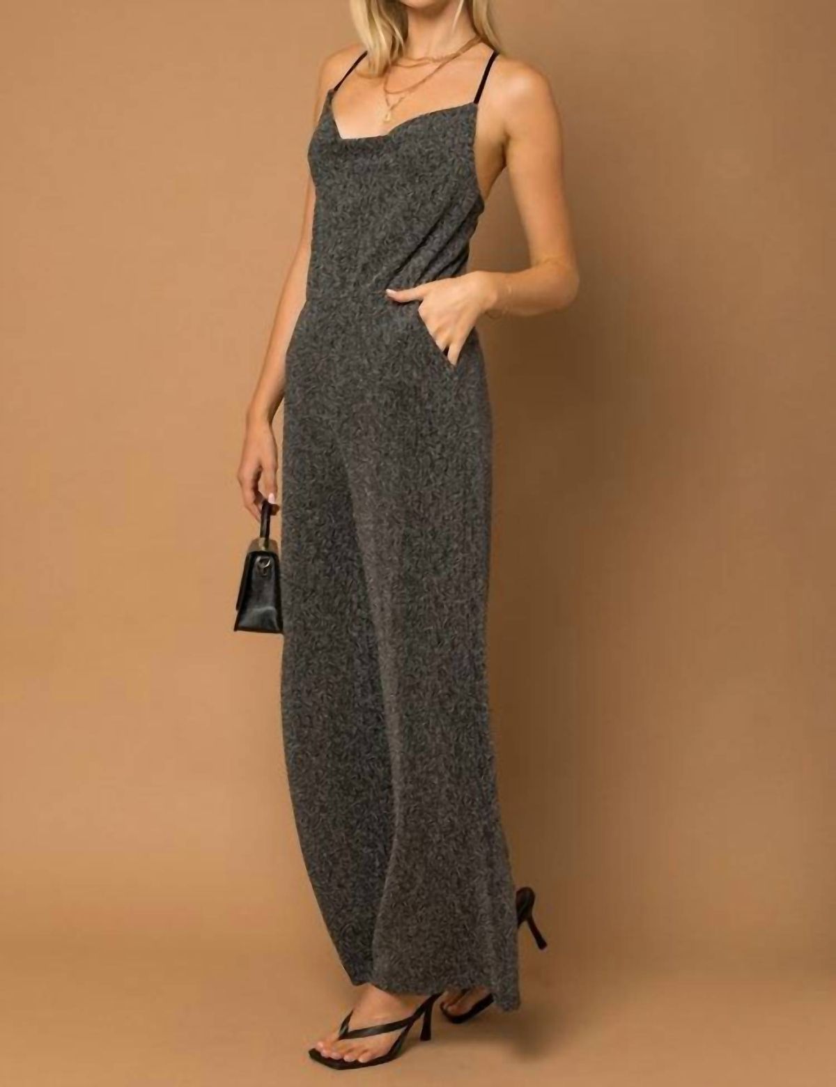Style 1-3127688750-2696 GILLI Size L Satin Gray Formal Jumpsuit on Queenly