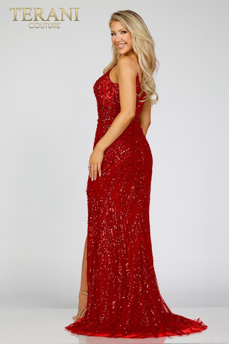 Style 231E0516 Terani Couture Size 6 Pageant Red Side Slit Dress on Queenly