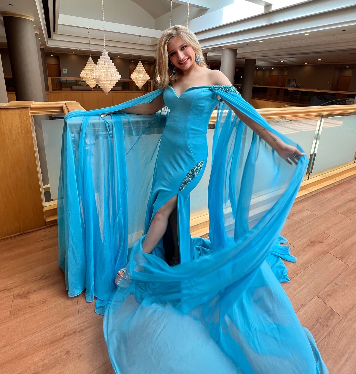 Jovani Size 4 Prom Off The Shoulder Blue Side Slit Dress on Queenly
