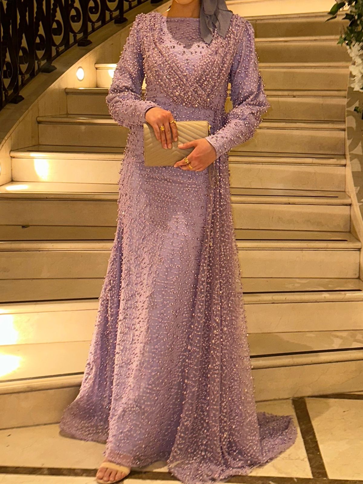 Size 6 Wedding Guest Long Sleeve Purple Dress With Train on Queenly
