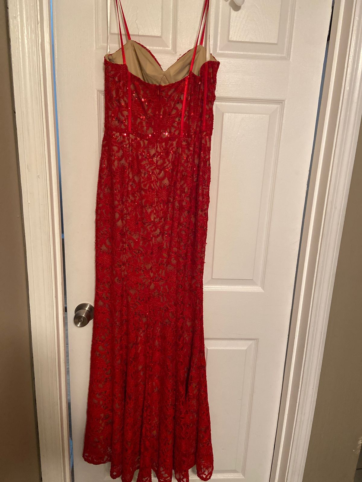 Style WBM2897 David's Bridal Size 8 Prom Plunge Red A-line Dress on Queenly