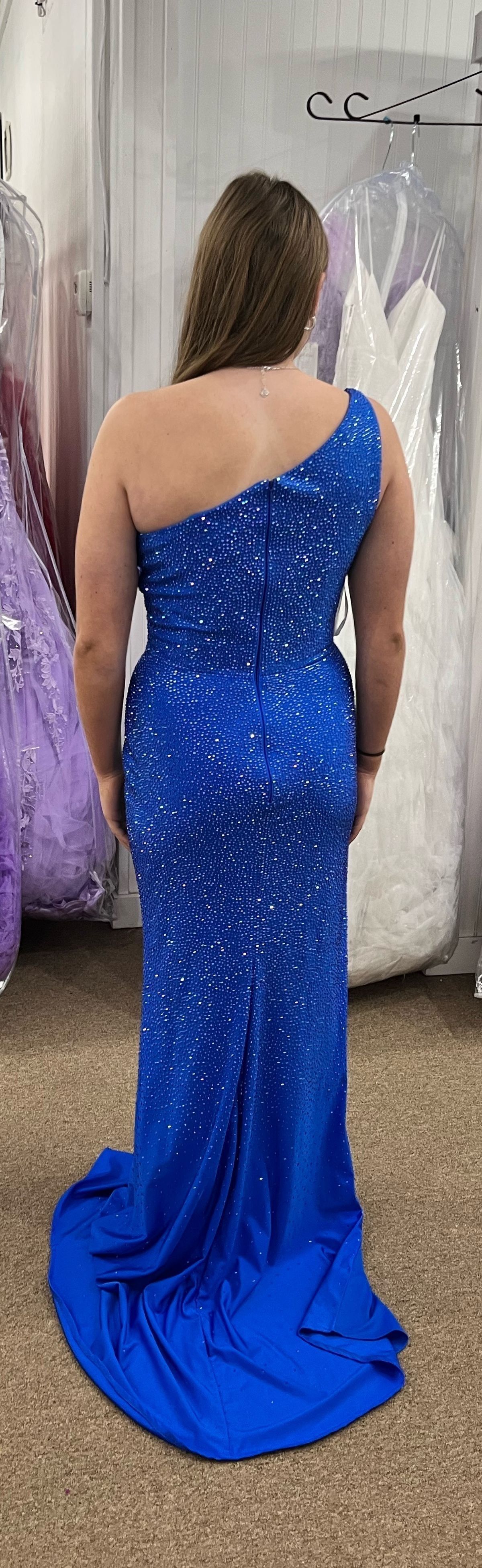 Sherri Hill Size 8 Prom One Shoulder Blue Side Slit Dress on Queenly