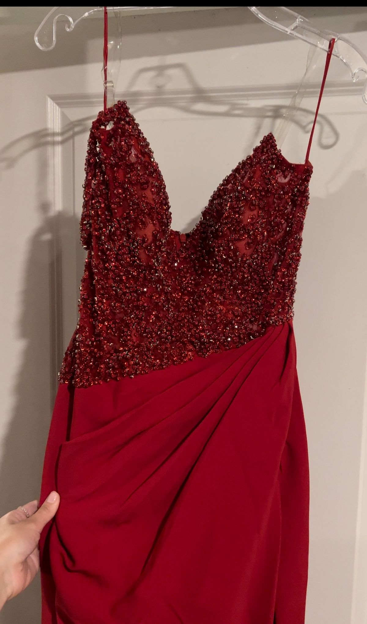Style Custom Couture Jovani Size 4 Pageant Strapless Red Side Slit Dress on Queenly