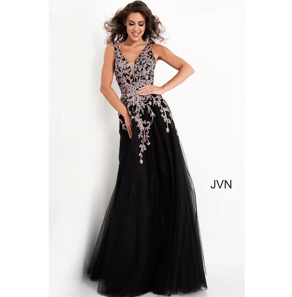 Style 2302 JVN by Jovani Size 6 Prom Plunge Floral Black A-line Dress on Queenly