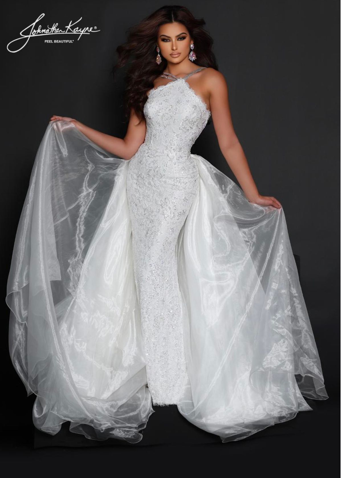 Style 2618 Johnathan Kayne Size 0 Pageant High Neck Sequined White Dress With Train on Queenly
