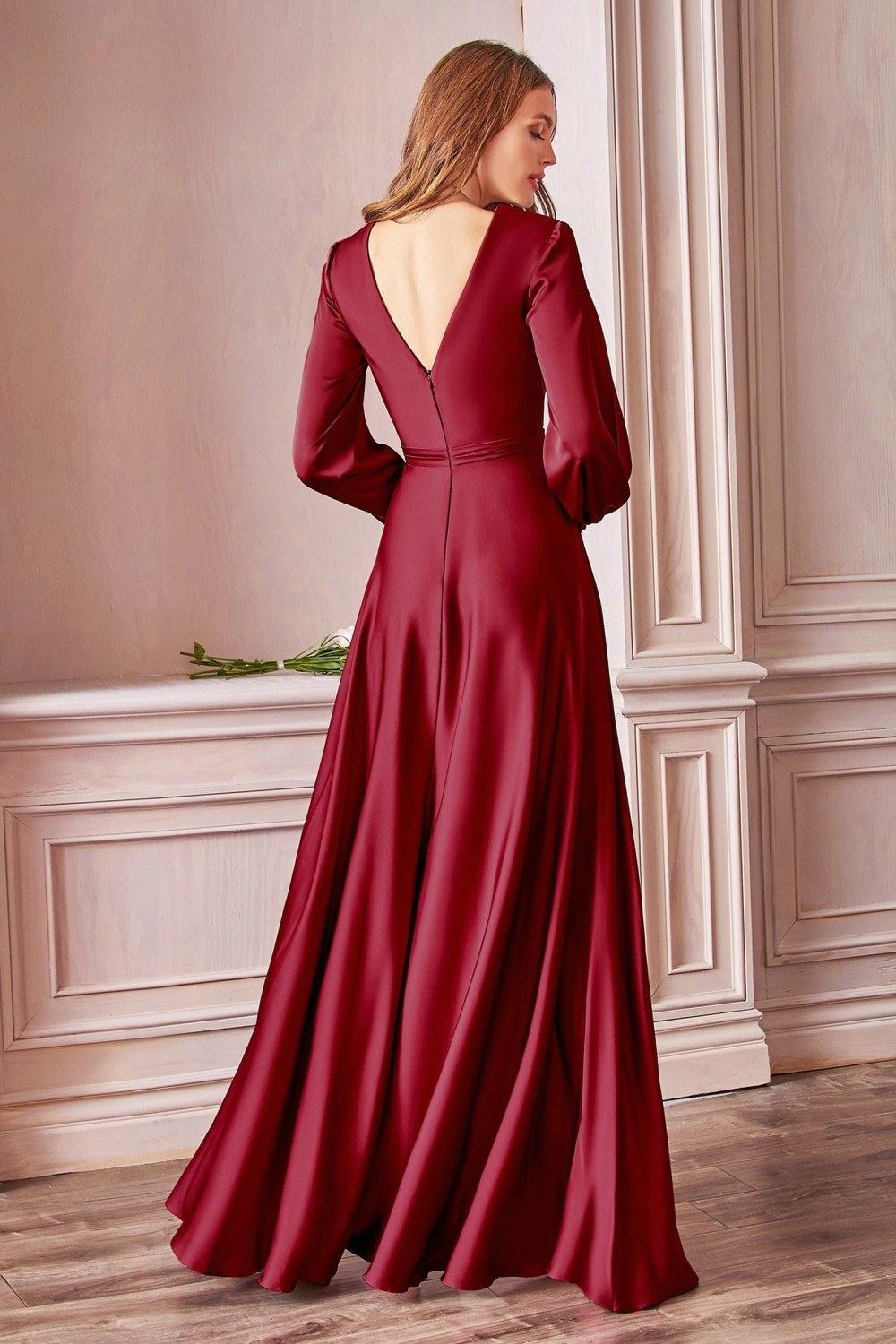 Style CD7475 Cinderella Divine Size 10 Long Sleeve Burgundy Red Side Slit Dress on Queenly