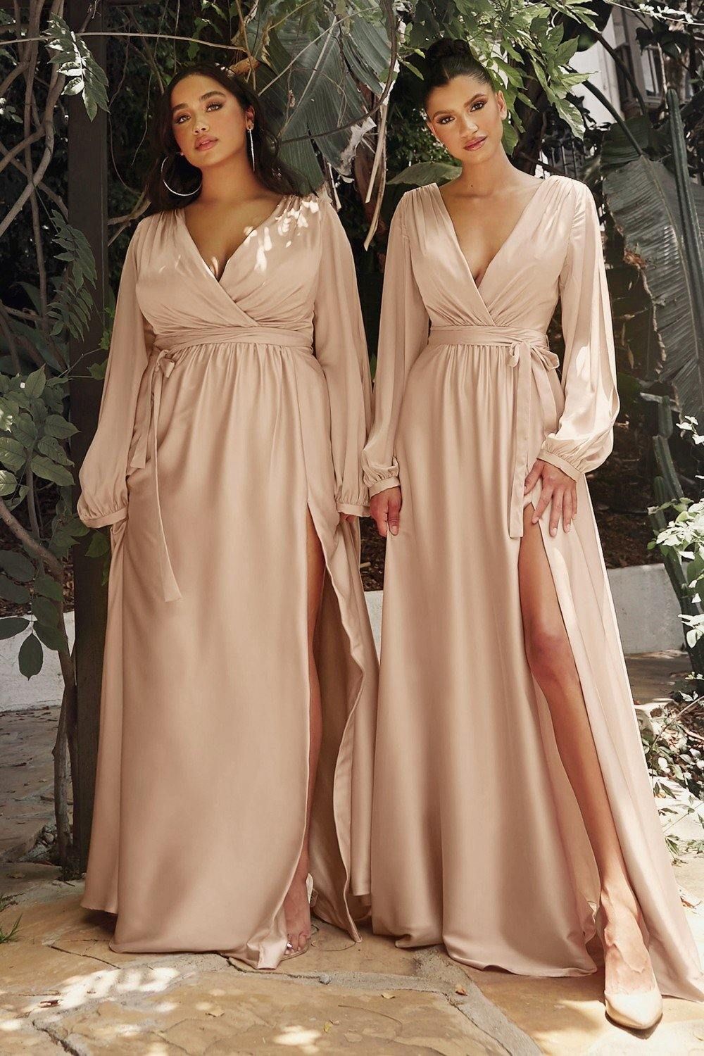Style CD7475 Cinderella Divine Plus Size 18 Long Sleeve Nude Side Slit Dress on Queenly