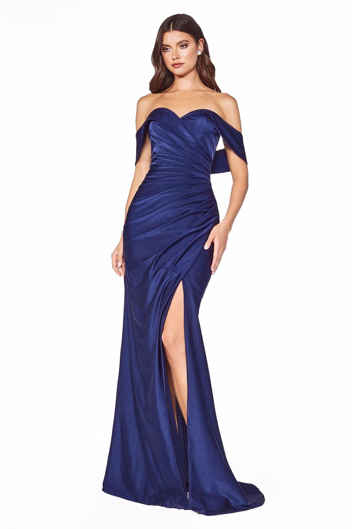 Style CDKV1050 Cinderella Divine Size 12 Off The Shoulder Navy Blue Side Slit Dress on Queenly