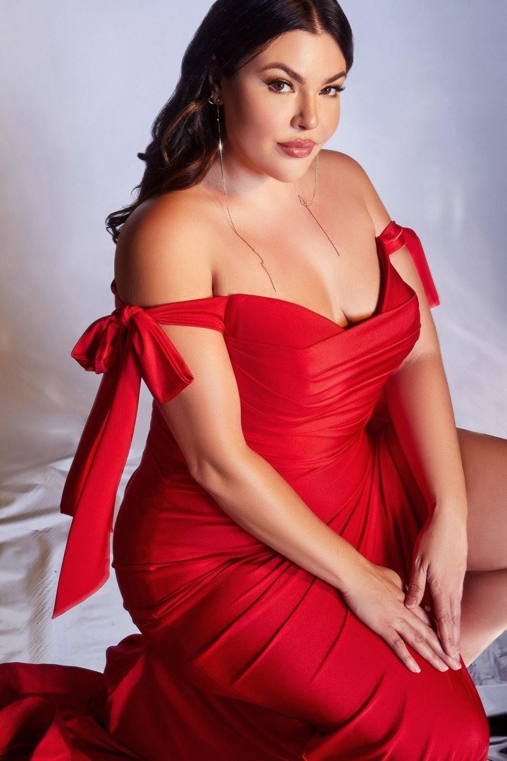 Style CD943 Cinderella Divine Plus Size 16 Bridesmaid Off The Shoulder Red Side Slit Dress on Queenly