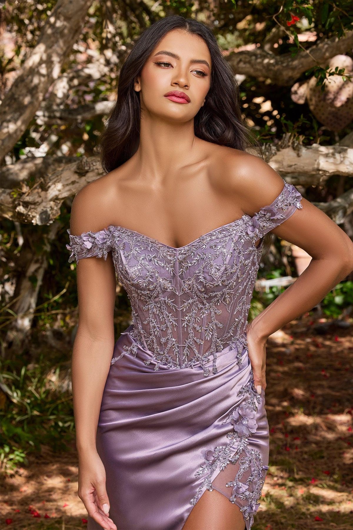 Style CD0186 Cinderella Divine Size S Off The Shoulder Purple Side Slit Dress on Queenly