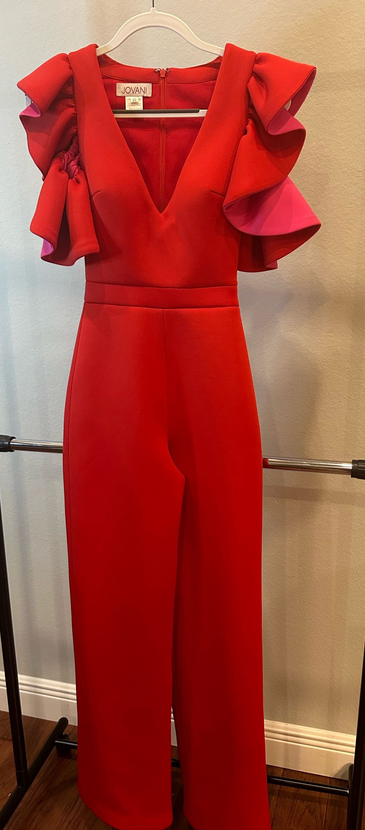 Style 68736 Jovani Size 00 Prom Plunge Red Formal Jumpsuit on Queenly